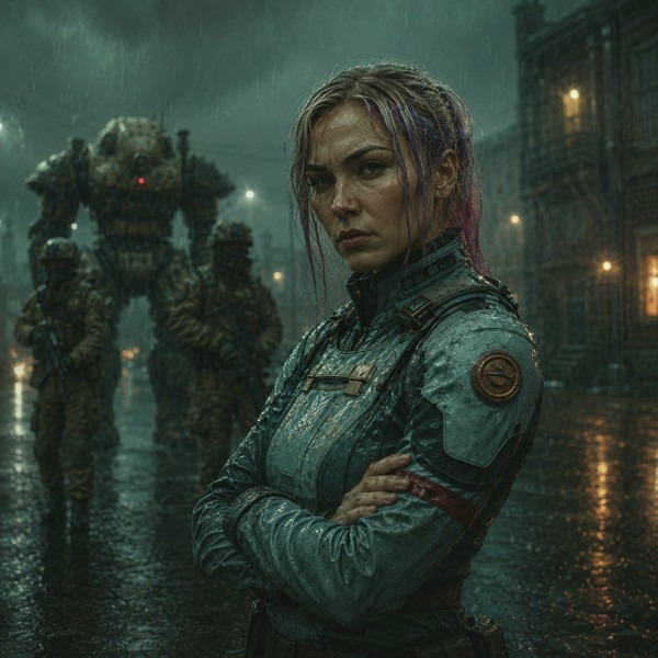 Continuity faction — an officer in blue with armored troops behind her