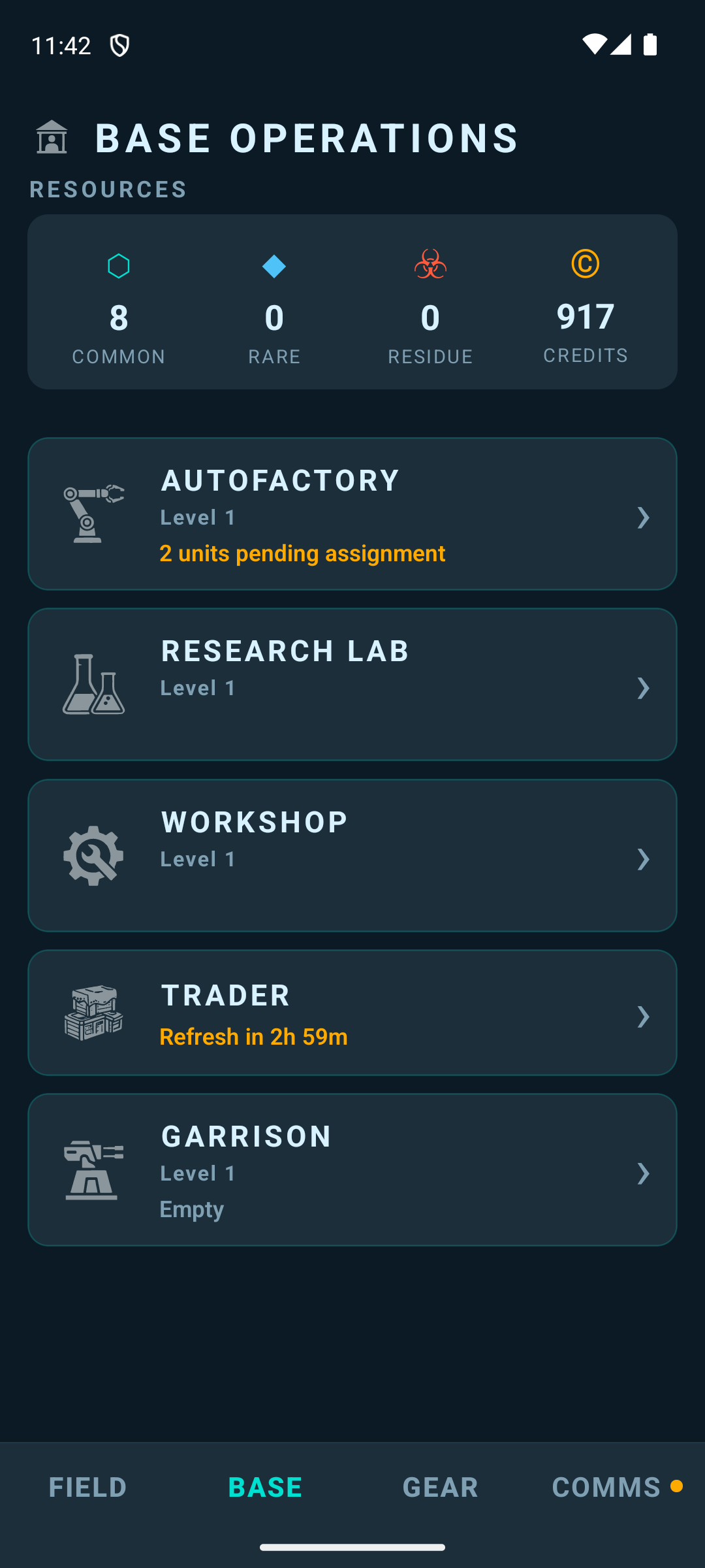 Home base operations screen for building units and managing storage