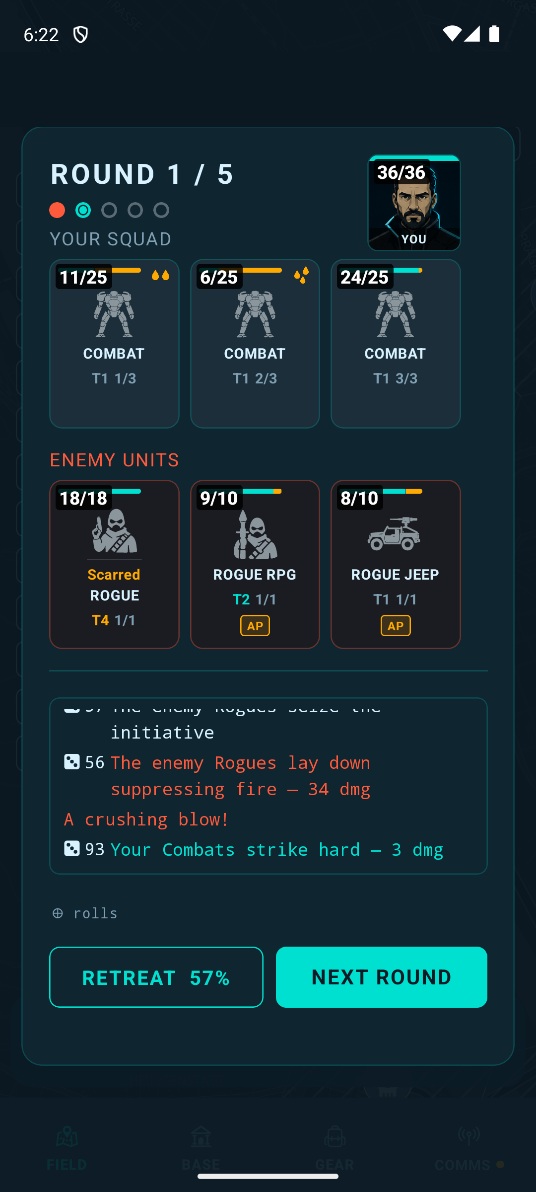 Combat screen showing a squad of units with abilities resolving a round