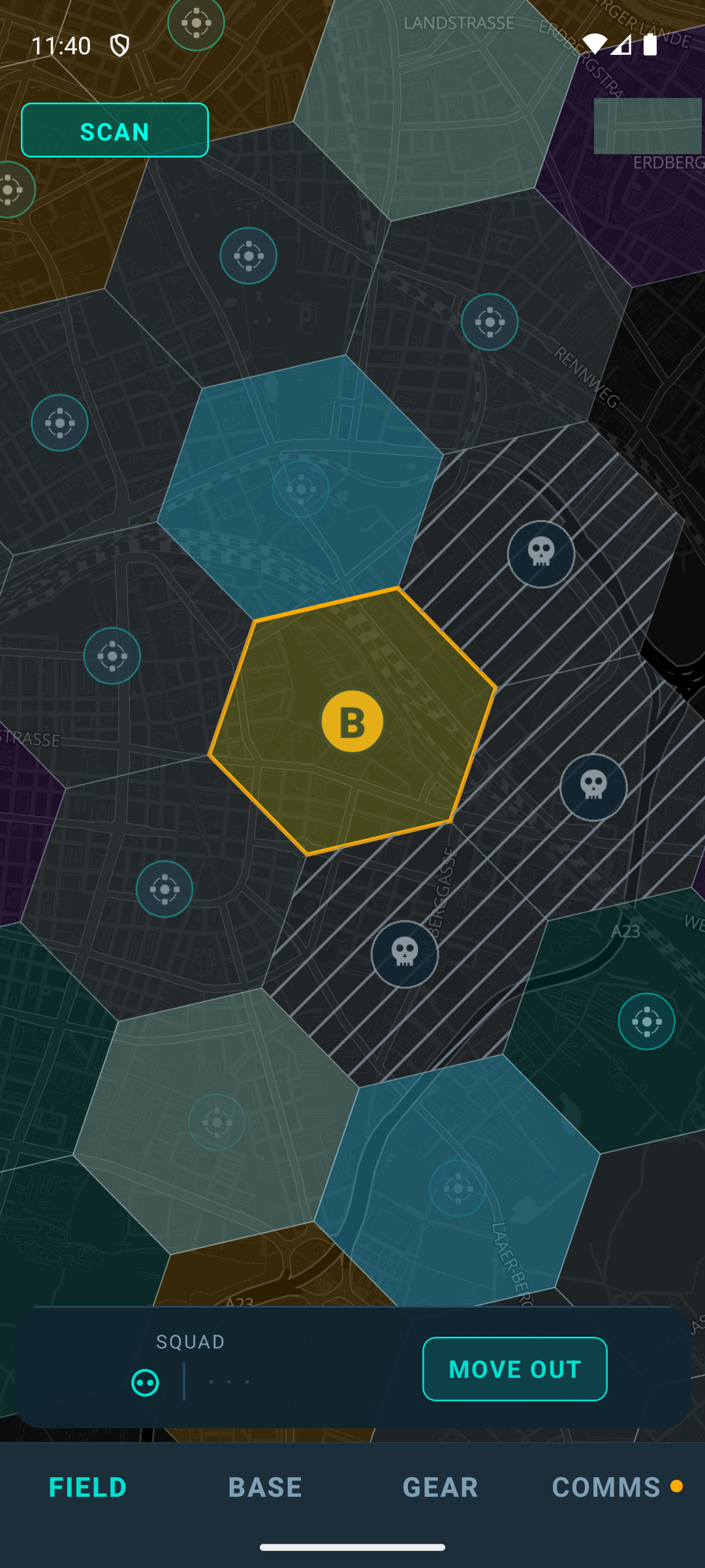 Hex grid map of Vienna with the player position and contested hexes